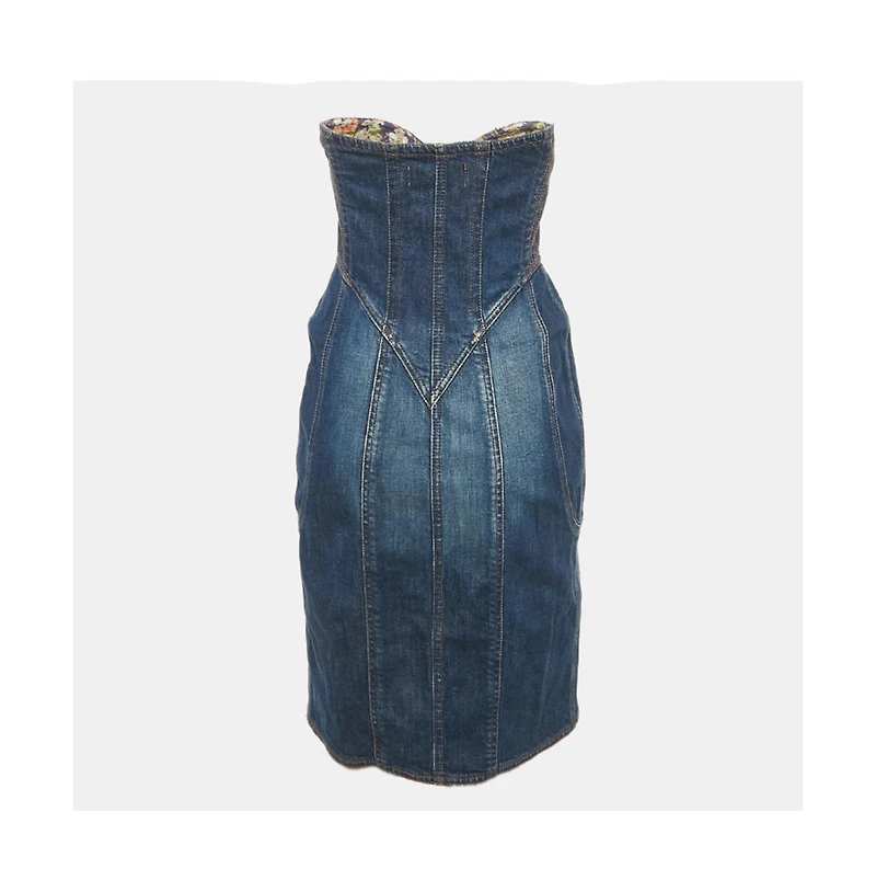 Pre-Owned Roberto Cavalli Women's Blue Denim Embellished Bustier Mini Dress