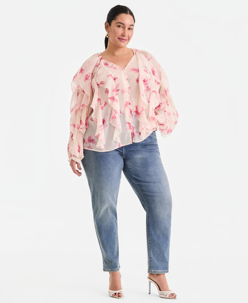 I.n.c. International Concepts Plus Printed V-Neck Ruffled Blouse, Created for Macy's