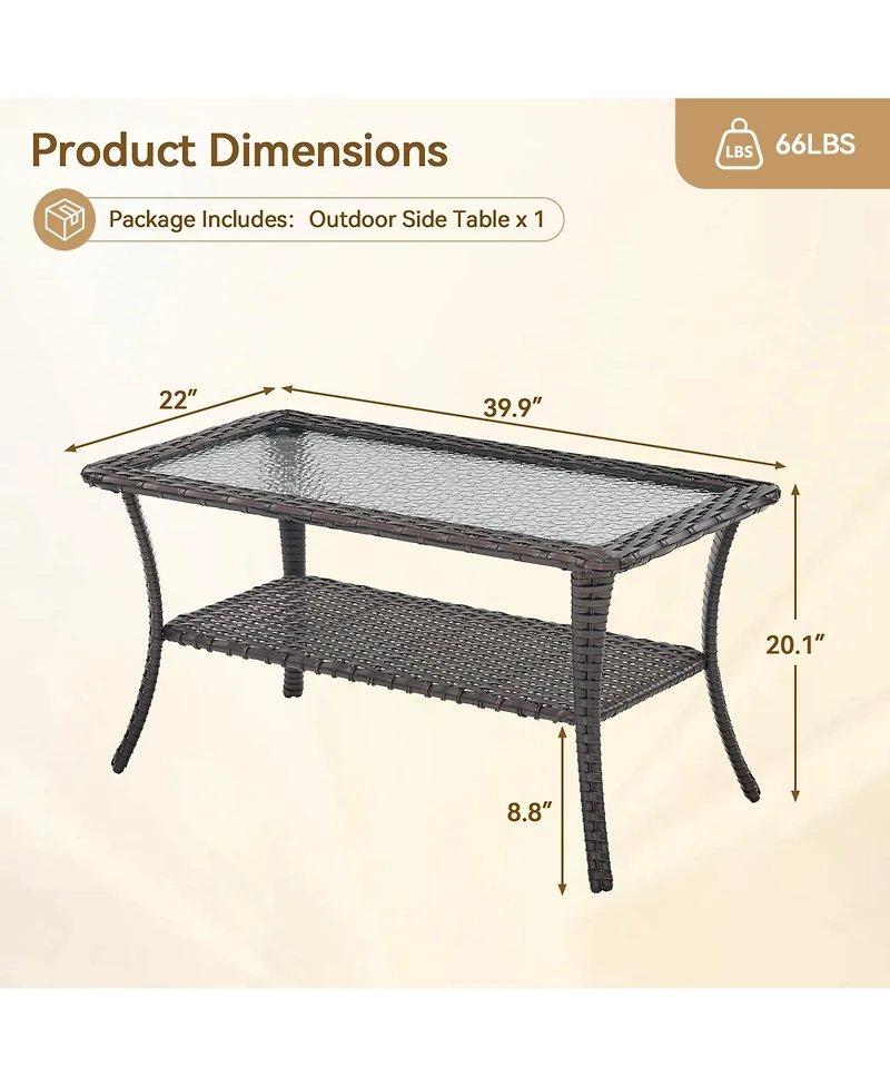 Gymojoy ArcLine Rectangle Wicker Outdoor Coffee Table with Tempered Glass Top and Storage Space