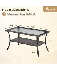 Gymojoy ArcLine Rectangle Wicker Outdoor Coffee Table with Tempered Glass Top and Storage Space