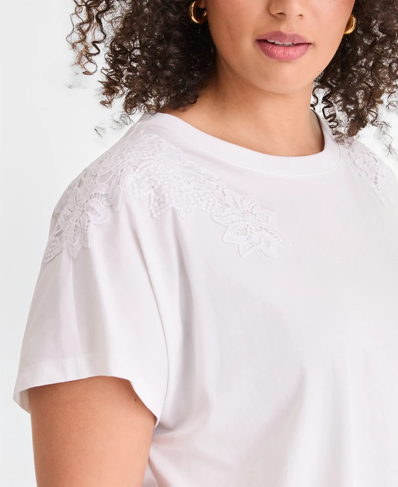 I.n.c. International Concepts Plus Short-Sleeve Lace-Shoulder Tee, Created for Macy's