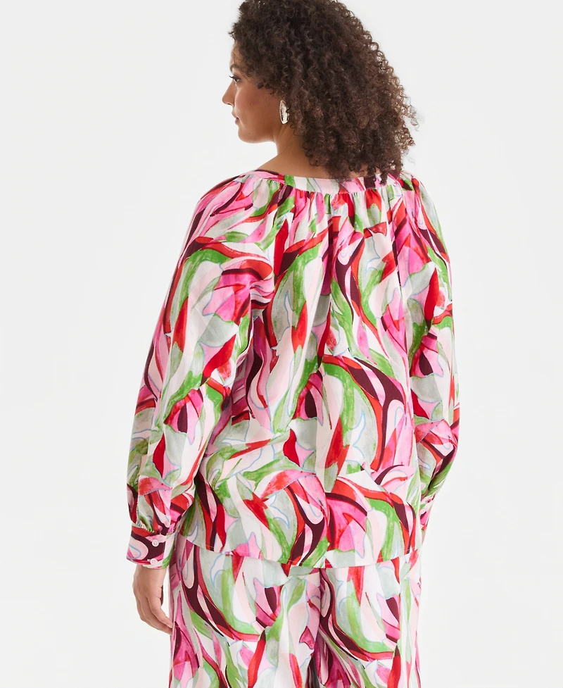 I.n.c. International Concepts Plus Printed Bubble-Sleeve Top, Created for Macy's