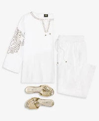 Jm Collection Womens Beaded Split Neck Top Cropped Drawstring Wide Leg Pants Macys Exclusive