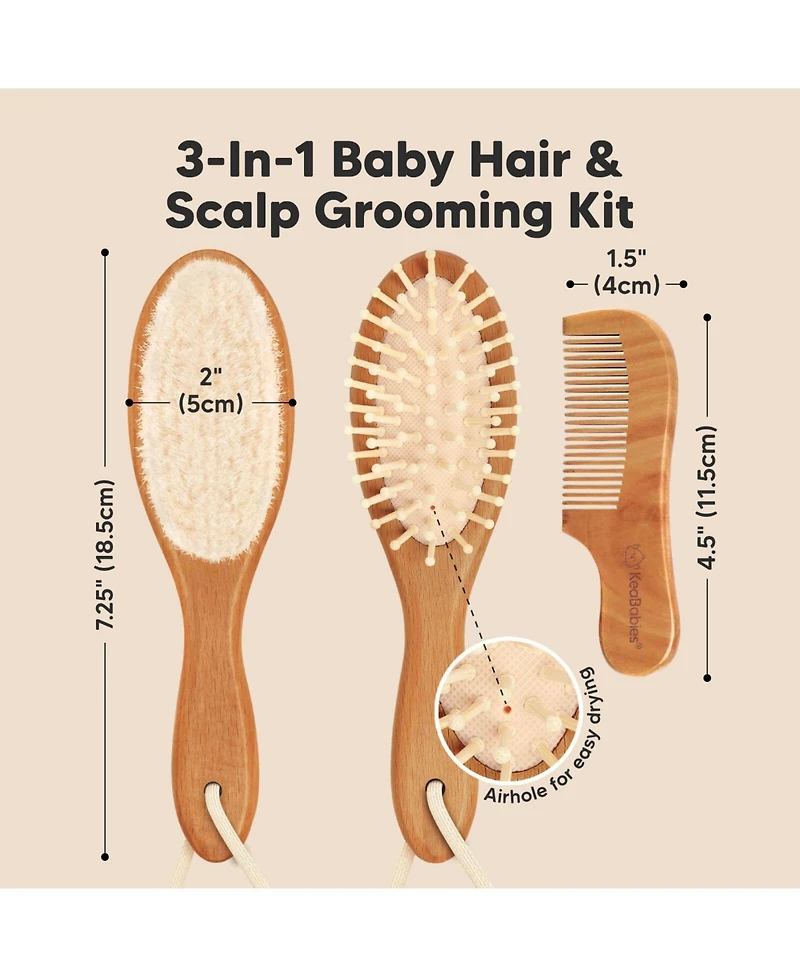 KeaBabies Baby Hair Brush and Comb Set, Oval Wooden Set for Newborns, Infant, Toddler Grooming Kit