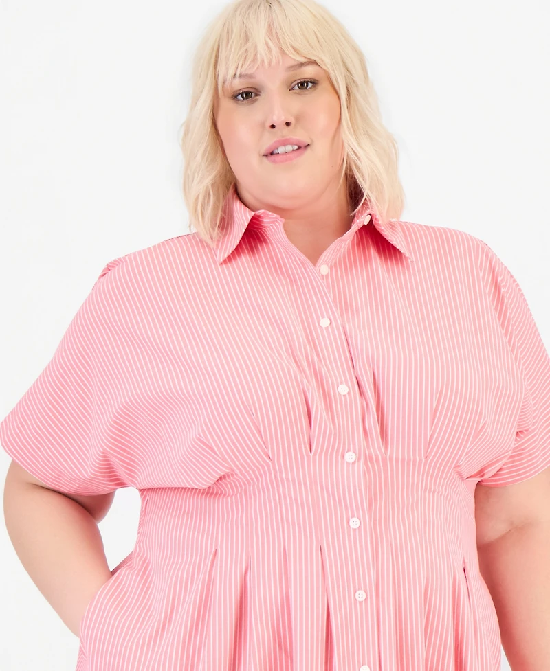 On 34th Trendy Plus Pinstriped Pleated-Waist Midi Shirtdress, Macy's Exclusive