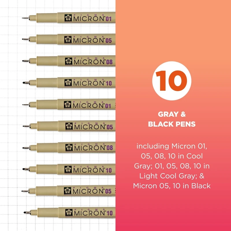 Sakura Pigma Micron Fineliner Pens, Archival Gray & Black Ink, Ass't Tip Sizes, 10 Pk