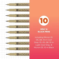 Sakura Pigma Micron Fineliner Pens, Archival Gray & Black Ink, Ass't Tip Sizes, 10 Pk