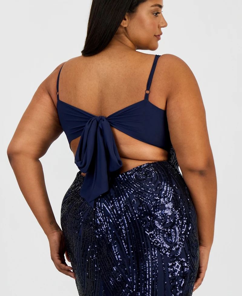 B Darlin Trendy Plus Patterned Sequined Back-Tie Gown