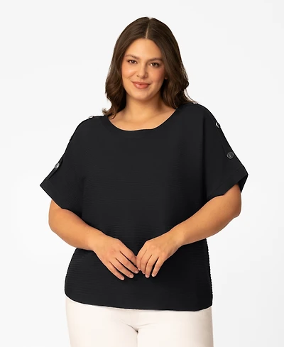 Melissa Paige Plus Size Vertical Rib Button Short-Sleeve Sweater, Macy's Exclusive