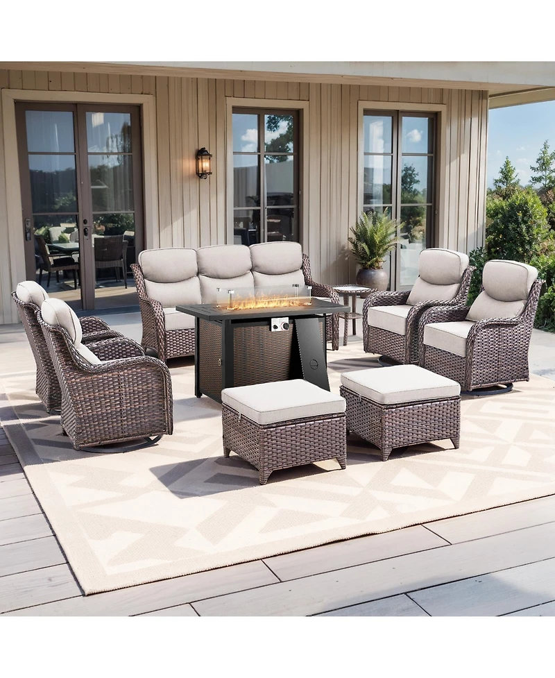 Gymojoy Crescent Brown Wicker Fire Pit Conversation Set with Olefin 6 In. Thick Cushions Patio Swivel Chairs (9-Piece)