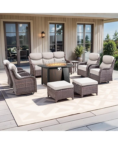 Gymojoy Crescent Brown Wicker Fire Pit Conversation Set with Olefin 6 In. Thick Cushions Patio Swivel Chairs (9-Piece)