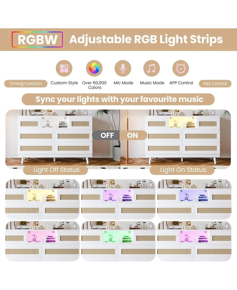 gaomon Rattan 6 Drawer Dresser for Bedroom, Modern Farmhouse Wood Closet Dresser, Compact Chest of Drawers