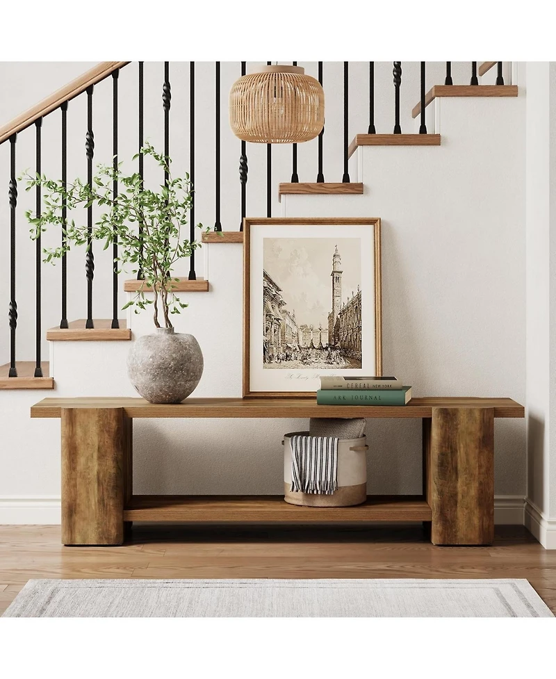Tribesigns Wood Entryway Bench, 63" End of Bed Bench with Storage Shelf, Farmhouse Extra Long Shoe Bench