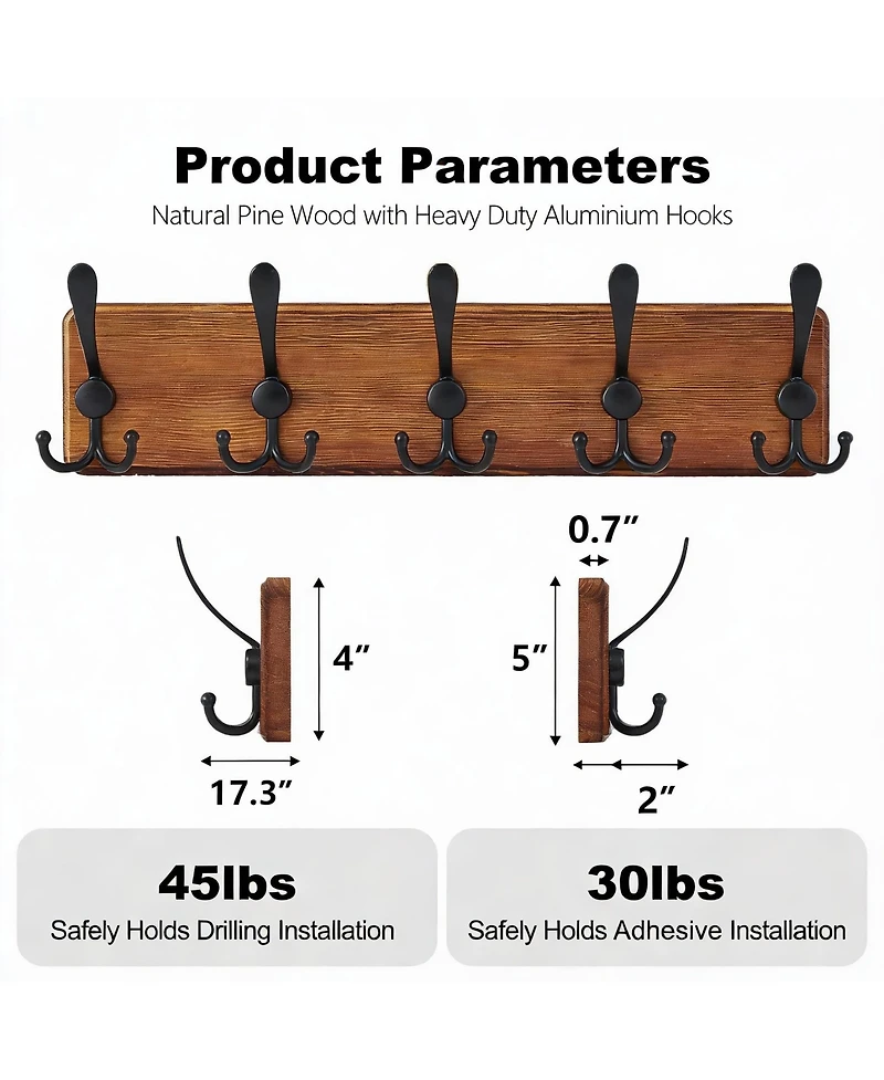 Yigii Rustic Iron Hooks Wall Rack, 5 Hooks, 45lb Load, Natural Pine Base