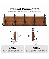 Yigii Rustic Iron Hooks Wall Rack, 5 Hooks, 45lb Load, Natural Pine Base