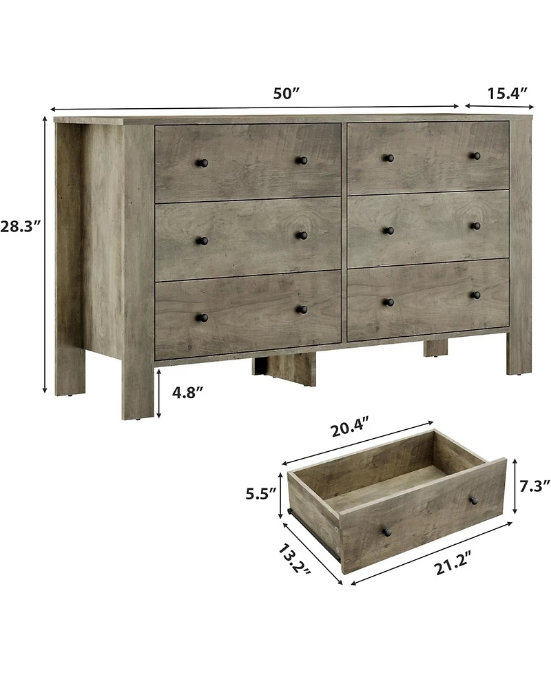 gaomon Oak 6 Drawer Dresser for Bedroom, Modern Wide Organizer with Storage Drawers, Entryway