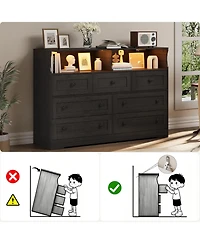 gaomon 7-Drawer Bedroom Dresser with Led Lights, Wooden Chest of Drawers Charging Station and 2 Open Storage Compartments