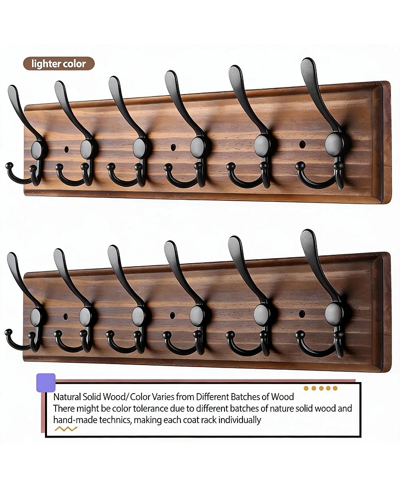 Yigii Wooden Wall Coat Rack with 6 Hooks for Coats, Jackets, Hats