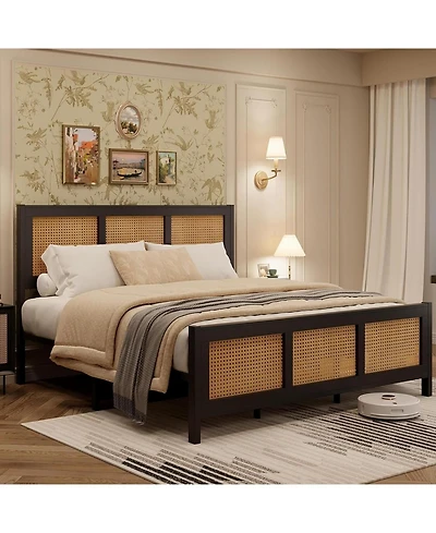 Gaomon Rattan Bed Frame with Headboard, Boho Full Size Bed Frame with Strong Metal Slats Support, No Box Spring Needed, Noise-Free Design