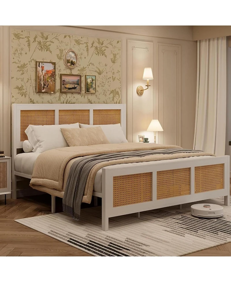 Gaomon Rattan Bed Frame with Headboard, Boho Full Size Bed Frame with Strong Metal Slats Support, No Box Spring Needed, Noise-Free Design