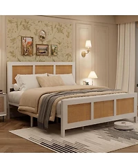 Gaomon Rattan Bed Frame with Headboard, Boho Full Size Bed Frame with Strong Metal Slats Support, No Box Spring Needed, Noise-Free Design