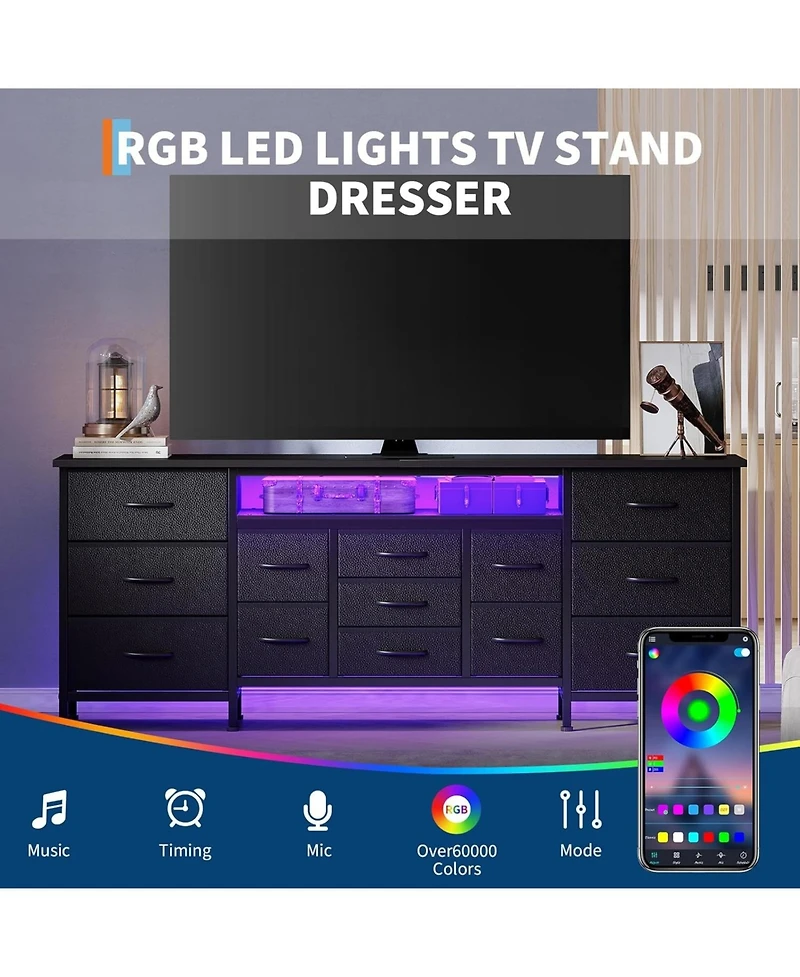 gaomon 70 Inch Long Dresser with 13 Drawers, Tv Stand for 65-80 Charging Station Led Lights, Fabric Storage Organizer Bedroom