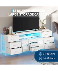 gaomon 70 Inch Long Dresser with 13 Drawers, Tv Stand for 65-80 Charging Station Led Lights, Fabric Storage Organizer Bedroom