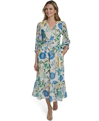Jessica Howard Women's V-Neck Balloon Sleeve Surplice Tiered Midi Dress