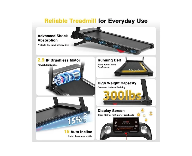 Redliro Foldable Treadmill with Auto Incline, 2.5HP Walking Treadmill for Home, 15% Incline Treadmill with Handles, 300 lbs Capacity
