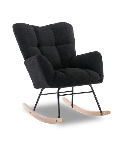 Flynama Black Teddy Fabric Nursery Rocking Glider Chair with Wooden Frame Metal Base Rocking Legs 250 Lbs Capacity for Living Room Bedroom Indoor