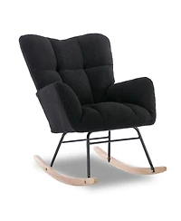 Flynama Black Teddy Fabric Nursery Rocking Glider Chair with Wooden Frame Metal Base Rocking Legs 250 Lbs Capacity for Living Room Bedroom Indoor