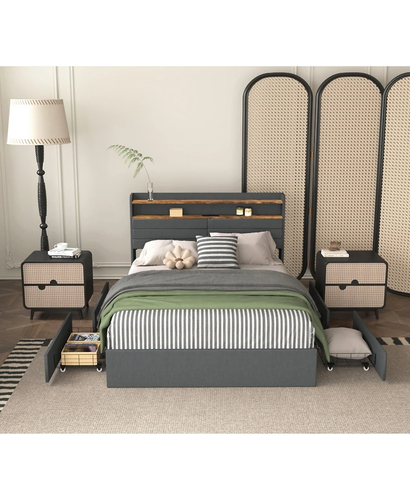 Boyel Living Queen Bed Frame with 4 Storage Drawers, Led Light, and Charging Station