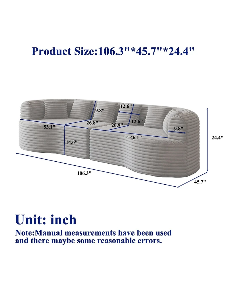 Clihome 106.3" Luxury Corduroy Sofa 4-Seater with 6 Cushions, Curved Sectional Sofa