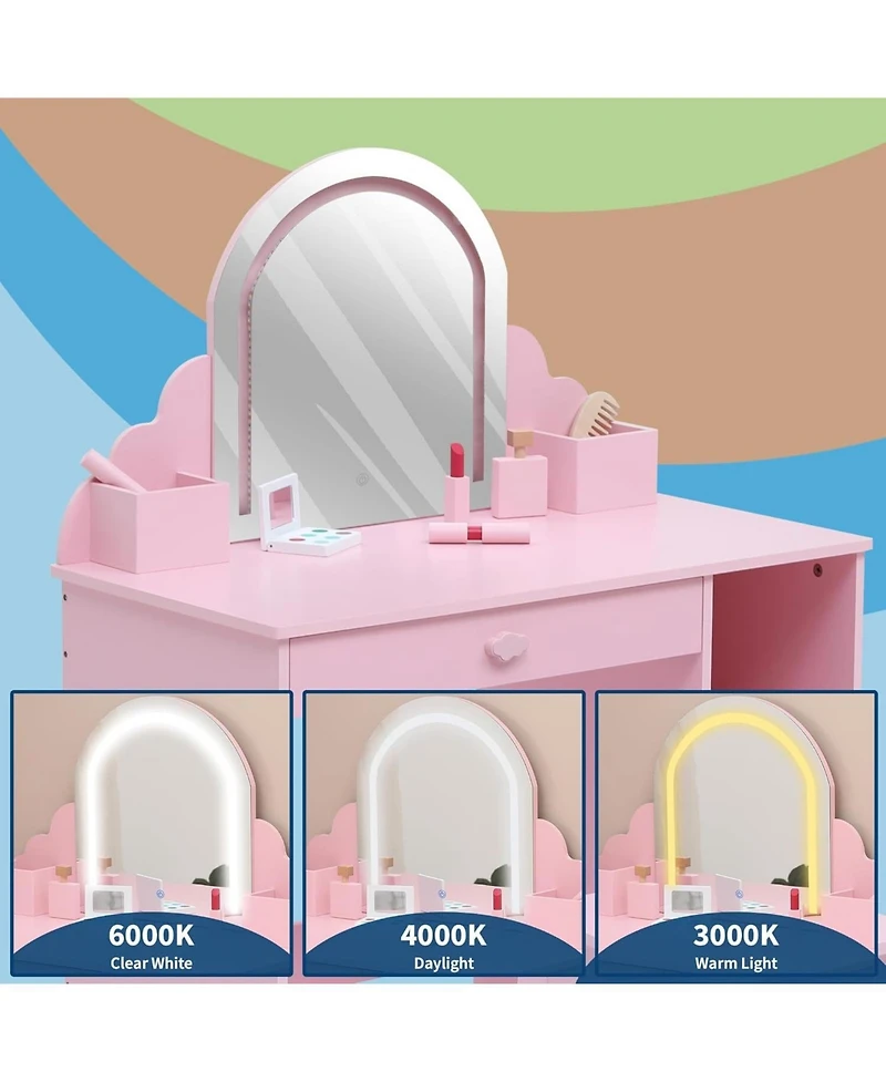 Gaomon Pink 2-in-1 Kids Lighted Vanity Set, Sweet Makeup Table with Matching Stool