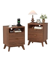 gaomon Set of 2 Walnut Fluted Wood Nightstands, 2-Drawer Bedside Table with Usb Charging Station & Outlets