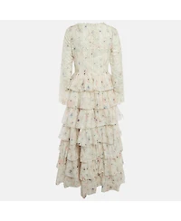 Pre-Owned Zimmermann Women's White Floral Print Broderie Anglaise Tiered Halliday Gown