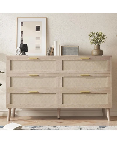 gaomon 6 Drawer Rattan Dresser, 47.2'' x 15.7'' x 29.5'' Rattan Chest of Dressers, Mid Century Modern Dresser for Closet with Handles