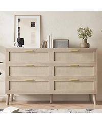 gaomon 6 Drawer Rattan Dresser, 47.2'' x 15.7'' x 29.5'' Rattan Chest of Dressers, Mid Century Modern Dresser for Closet with Handles