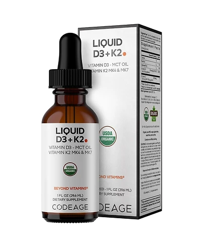 Codeage Liquid D3+K2 Vitamins Usda Vitamin D3 2000 Iu, Vitamin K2 (MK4 & MK7) Liquid, Immune Support, Unflavored, Mct Oil, 1 fl oz