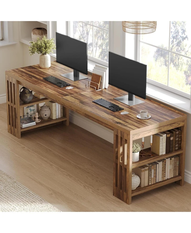 Tribesigns 78.7" Long Desk, 2 Person Desk with Shelves, Large Wooden Computer Desk, Heavy Duty Shelf Legs Design