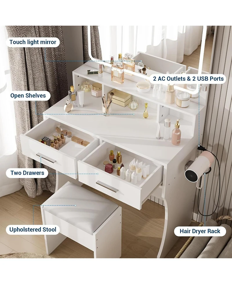 Gaomon White 2-Drawer Lighted Vanity Desk, Sleek Makeup Dressing Table for Bedrooms