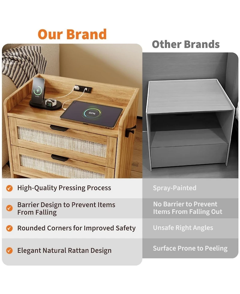 gaomon Set of 2 Walnut Brown Rattan Nightstands, 2-Drawer Bedside Table with Type-c Charging Station