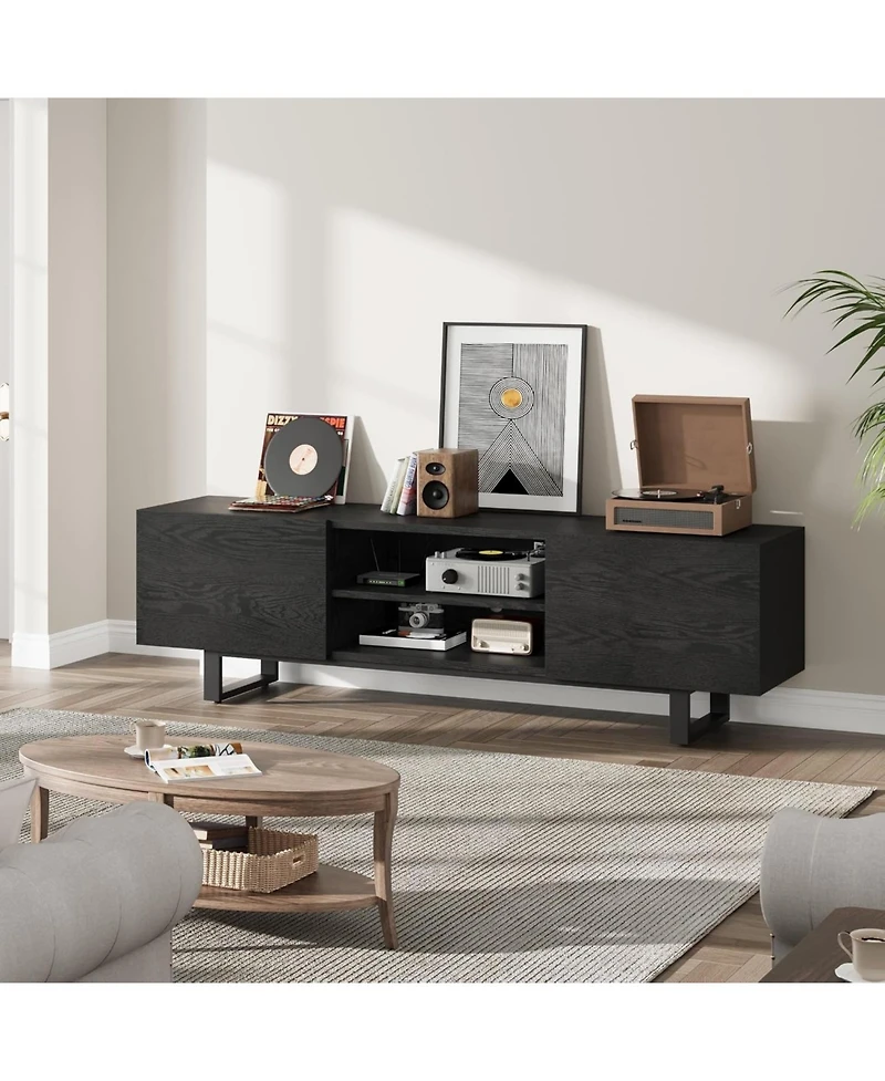 Industrial Tv Stand for 65+ inch TVs, Modern Entertainment Center with 2 Drawers, Wooden Media Cabinet, Black