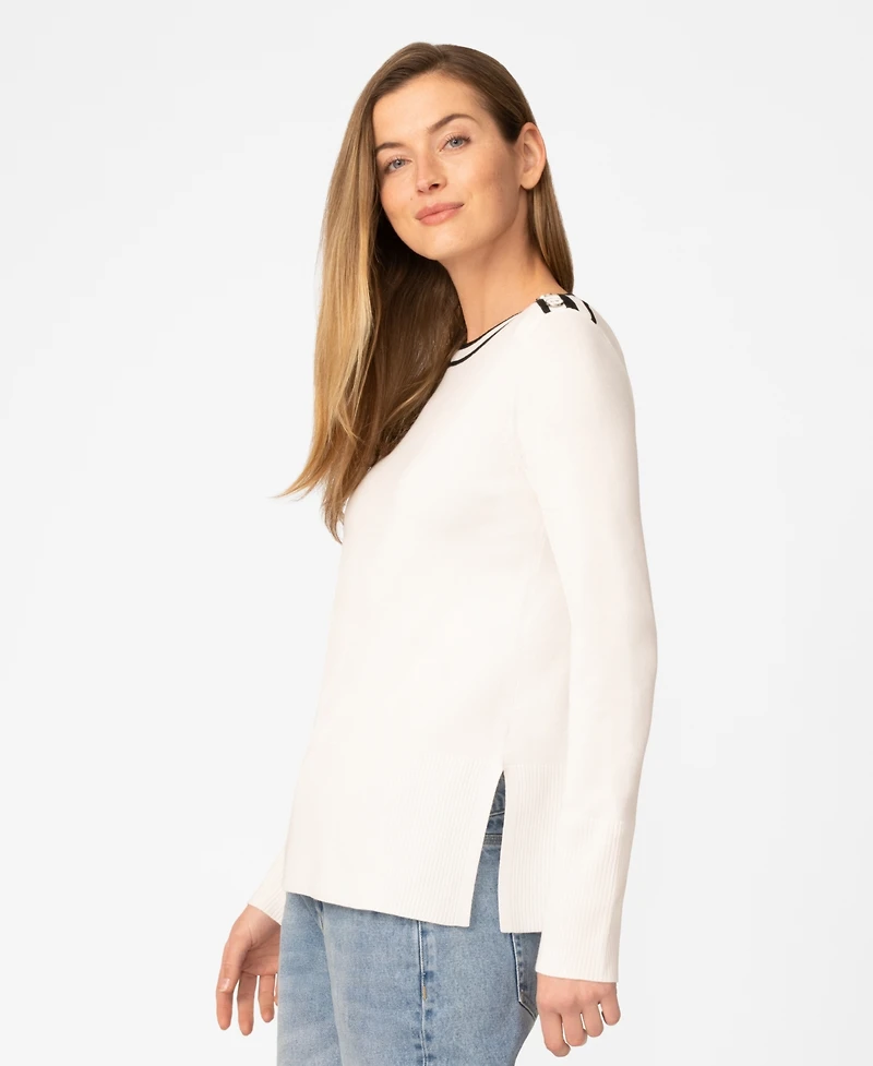 Melissa Paige Petite Button Shoulder Boat Neck Sweater
