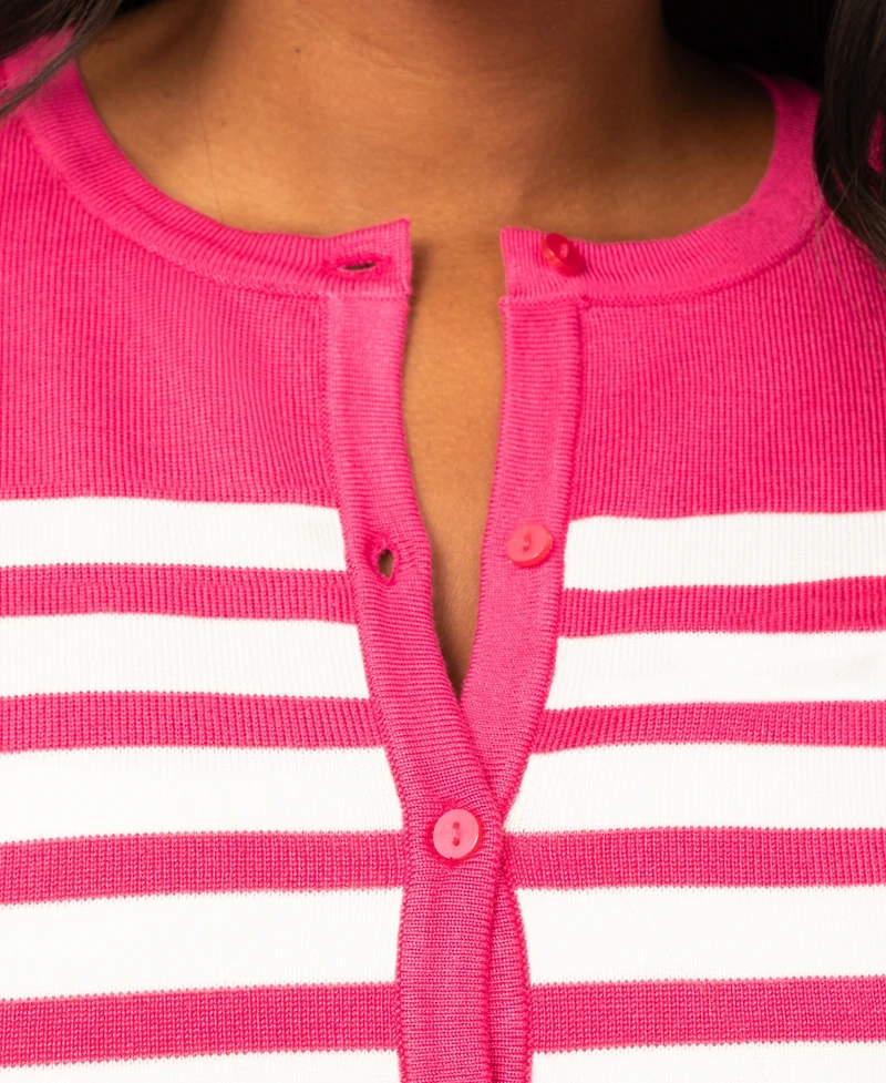 Melissa Paige Petite Mixed Stripe Button Crewneck Cardigan Sweater