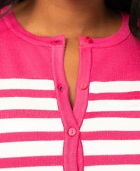 Melissa Paige Petite Mixed Stripe Button Crewneck Cardigan Sweater