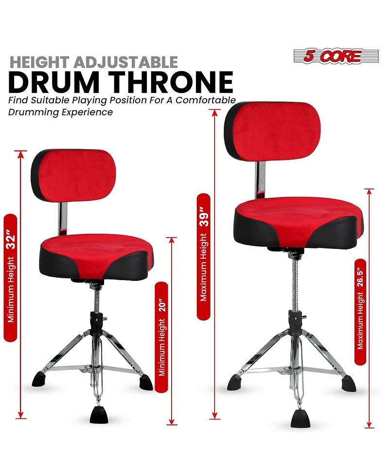 5 Core Drum Throne w Backrest 4" Padded Adjustable 26.5" Drummer Stool w Velvet Top 441Lb Capacity