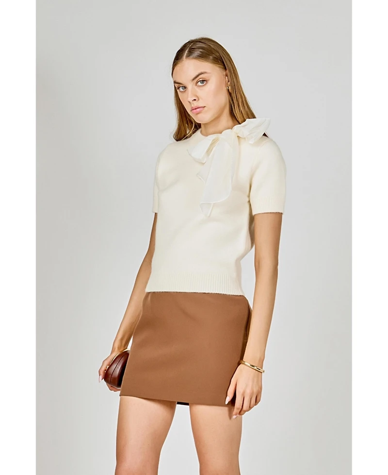 English Factory Women's Bow Accent Puff Sleeve Knit Top