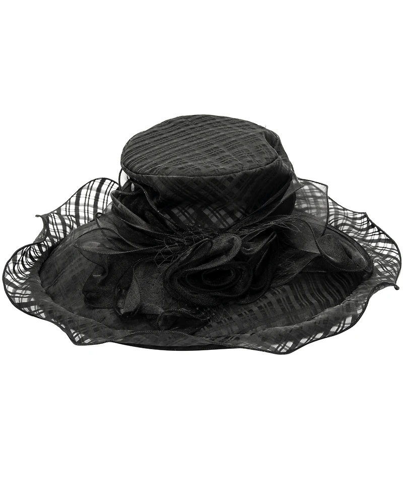 August Hats Textured Organza Rosette Wide Brim Hat