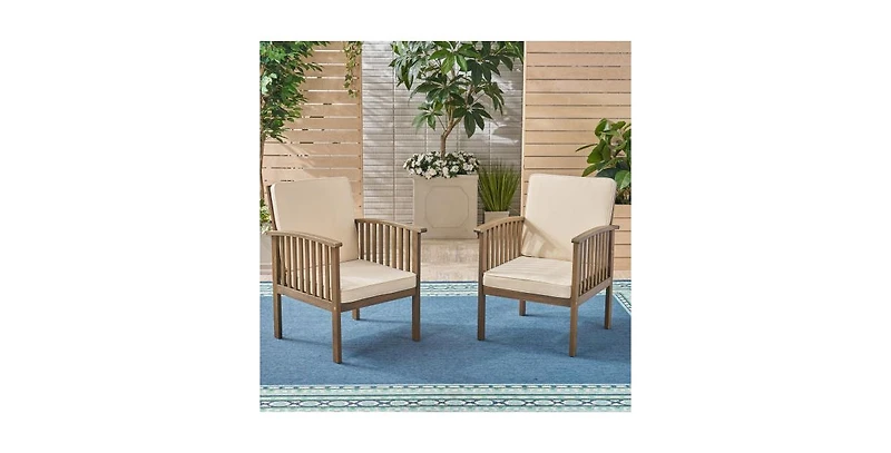 Flynama Outdoor Acacia Wood 4 Chair Set with Round Table, Grey & Cream